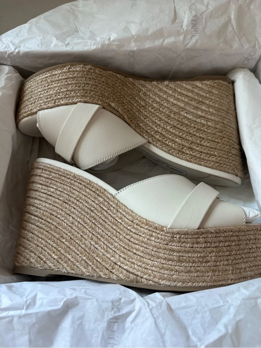 Jimmy Choo Leda Cream Leather Espadrille Wedge Sandals NIB